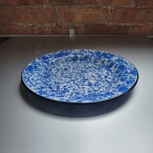 Vintage Blue and White Enamelware Speckled Platter, Black Edge 10" Diameter